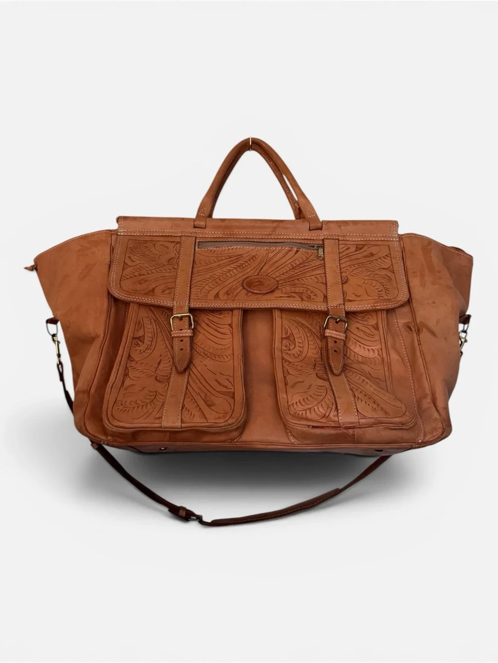 VTG Sergios Collection Genuine Leather Western Tooled Travel Bag Weekend Duffel